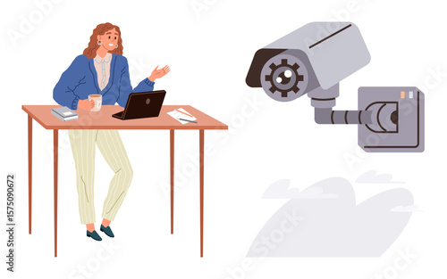 Businesswoman with coffee and laptop at desk while being monitored by a wall-mounted camera. Ideal for security, privacy, workplace ethics, data monitoring, surveillance culture, technology impact