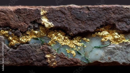 Excavated trench showing mineralized zones rich in quartz and gold veins