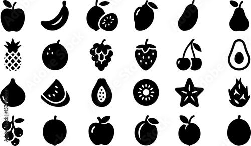 Collection of black fruit icons including apple banana orange mango pear pineapple coconut grapes strawberry cherries avocado watermelon papaya kiwi starfruit and dragon fruit