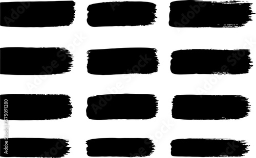 A collection of twelve bold black brush stroke rectangles arranged in four rows and three columns on a clean white background