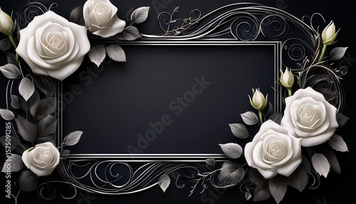 black background with thin vines and white roses around the edges of an empty rectangular frame