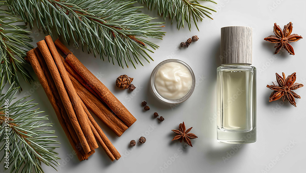 Presents winter aroma composition with perfume, cream and spices. Concept for wellness, Christmas, aromatherapy, relaxation. Perfect for marketing, web use, editorial. Presents winter aroma composition with perfume, cream and spices. Concept for wellness, Christmas, aromatherapy, relaxation. Perfect for marketing, web use, editorial.