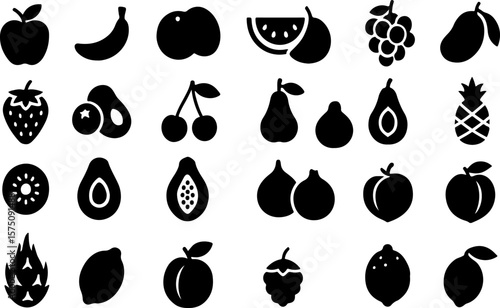 Collection of twenty four stylized black silhouette icons representing various popular fruits on a clean white background