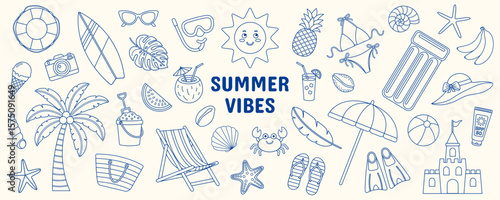 Simple vector set of outlined summer doodles on isolated background. Beach, sea, ocean, vacation and tropical icons for coloring page, print, kids, card, scrapbooking and design projects. Hand drawn.