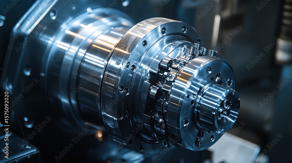 Close up of a complex metal machine part with intricate gears and shiny metallic surfaces visible clearly Close up of a complex metal machine part with intricate gears and shiny metallic surfaces visible clearly