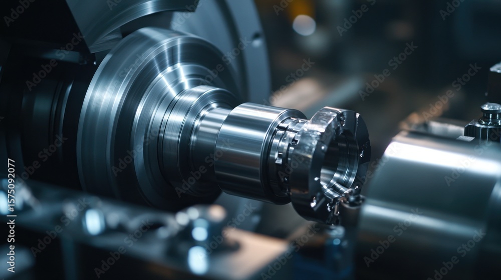 Fototapeta premium Close up of a metal lathe machine tool cutting a metal part in a manufacturing process setting