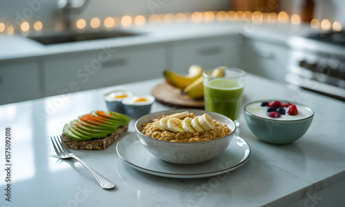 Healthy breakfast selection on kitchen counter