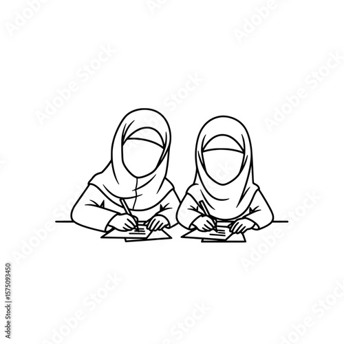 Two individuals writing with pens sitting at a table