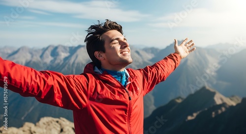 joyful man with arms triumphantly outstretched, eyes closed in bliss, stands atop a majestic mountain range bathed in bright sunlight, epitomizing freedom, success