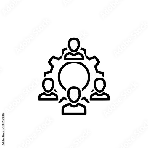Team collaboration concept with gears and people in a circular arrangement