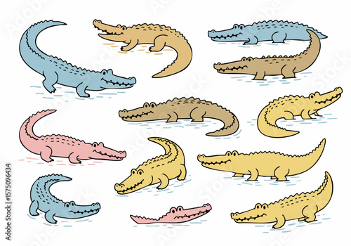 Hand-drawn Cartoon Crocodiles and Alligators Vector Illustration Set