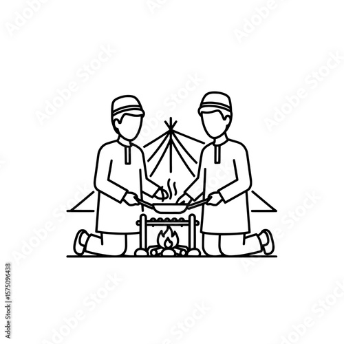 Two people cooking over a fire in a tent during a camping activity