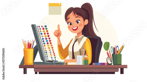 Happy young woman math teacher sitting at desk