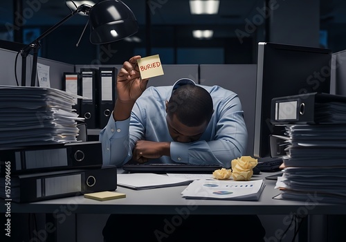 fatigued businessman with his head on his desk holds up a sticky note reading 