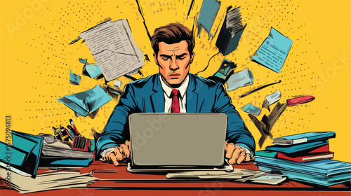 Stressed Businessman in Pop Art Style Working on Laptop