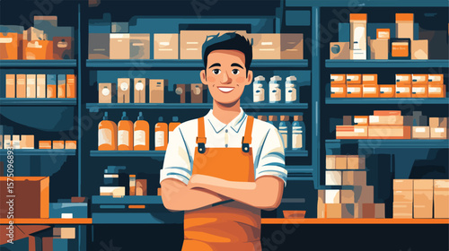 Smiling Shopkeeper Flat Vector Portrait Illustration
