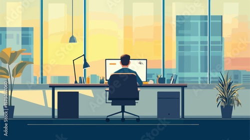 Modern Private Office Setup with Man Working