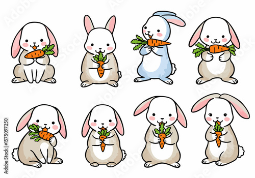 Cute cartoon bunnies happily eating carrots - collection of adorable rabbit characters for children's designs and Easter.