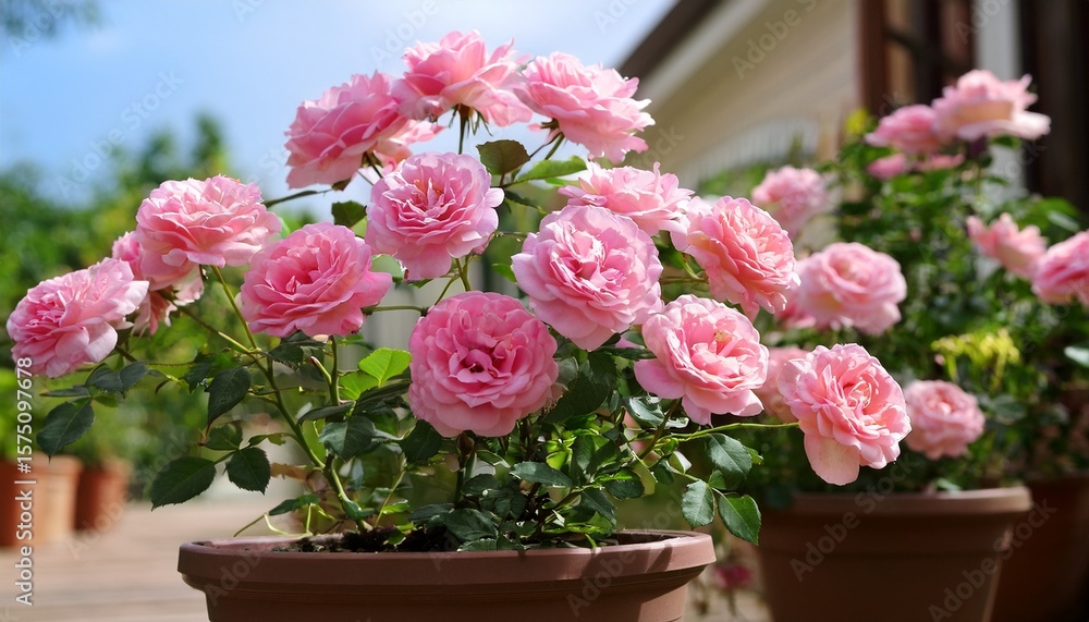 potted pink roses in full bloom potted pink roses in full bloom