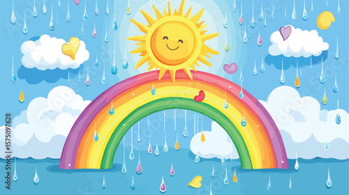 Vibrant Rainbow Sun and Clouds with Colorful Raindrops