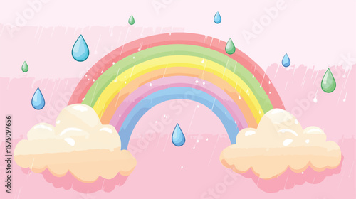 Vibrant Rainbow with Light Pink Clouds and Colorful Rain