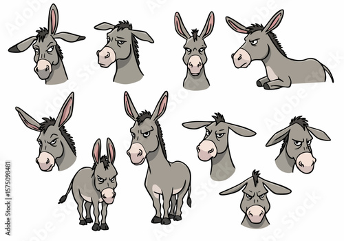 Cartoon Donkeys with Various Expressions and Poses Illustration Set on White Background