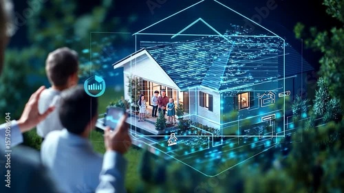 Family home concept visualization with digital overlay and data representation green foliage with people outside family home concept smart home concept