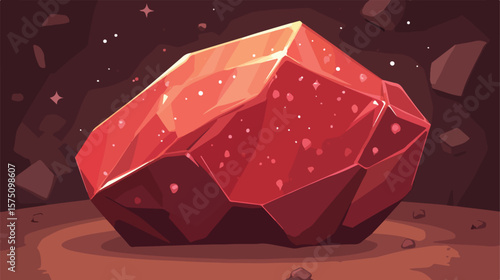 Vibrant Red Mineral Ore with Big Shine Flat Vector Illustration