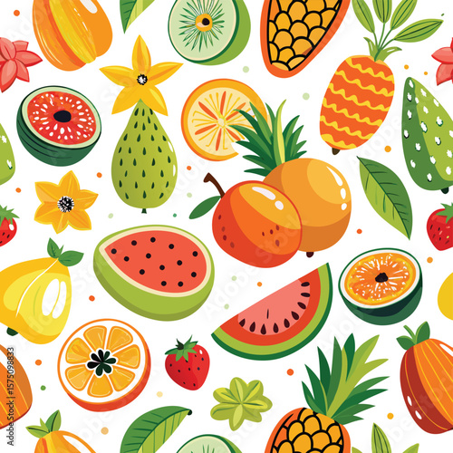 Colorful fruit pattern with various tropical fruits, slices, and leaves