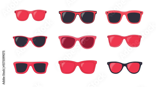 Stylish Red Sunglasses Set Flat Vector Design on White Background