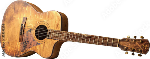 An antique acoustic guitar with a weathered wooden body and neck isolated on transparent background