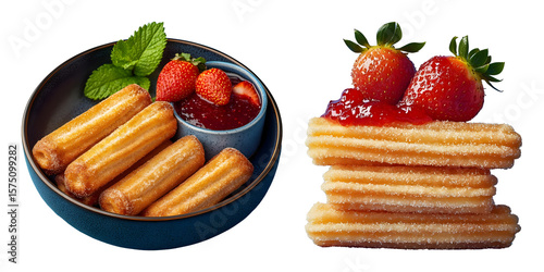 Churros with strawberries and strawberry jam a sweet pastry treat against a transparent background