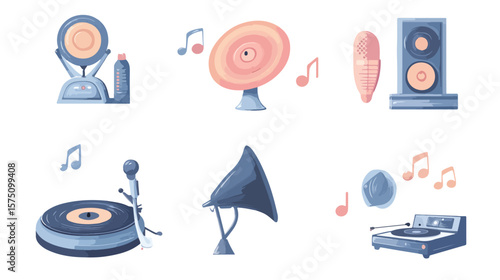 Vintage Retro Gramophone Icons Set with Turntable Vinyl