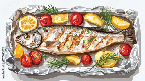 Delicious Roasted Fish with Sauce and Vegetables Dish