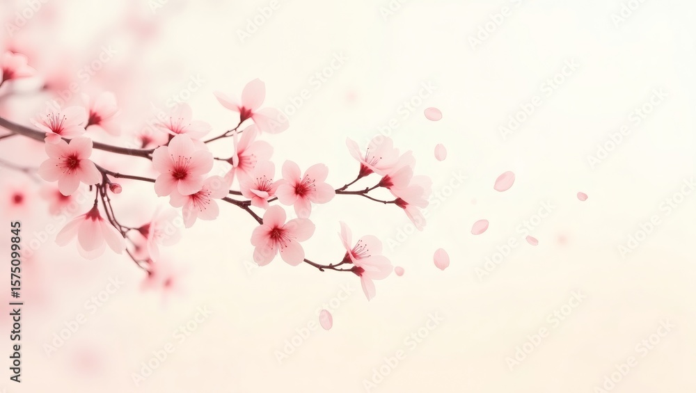 Naklejka premium cherry blossom branch with delicate pink flowers and falling petals against a soft background.
