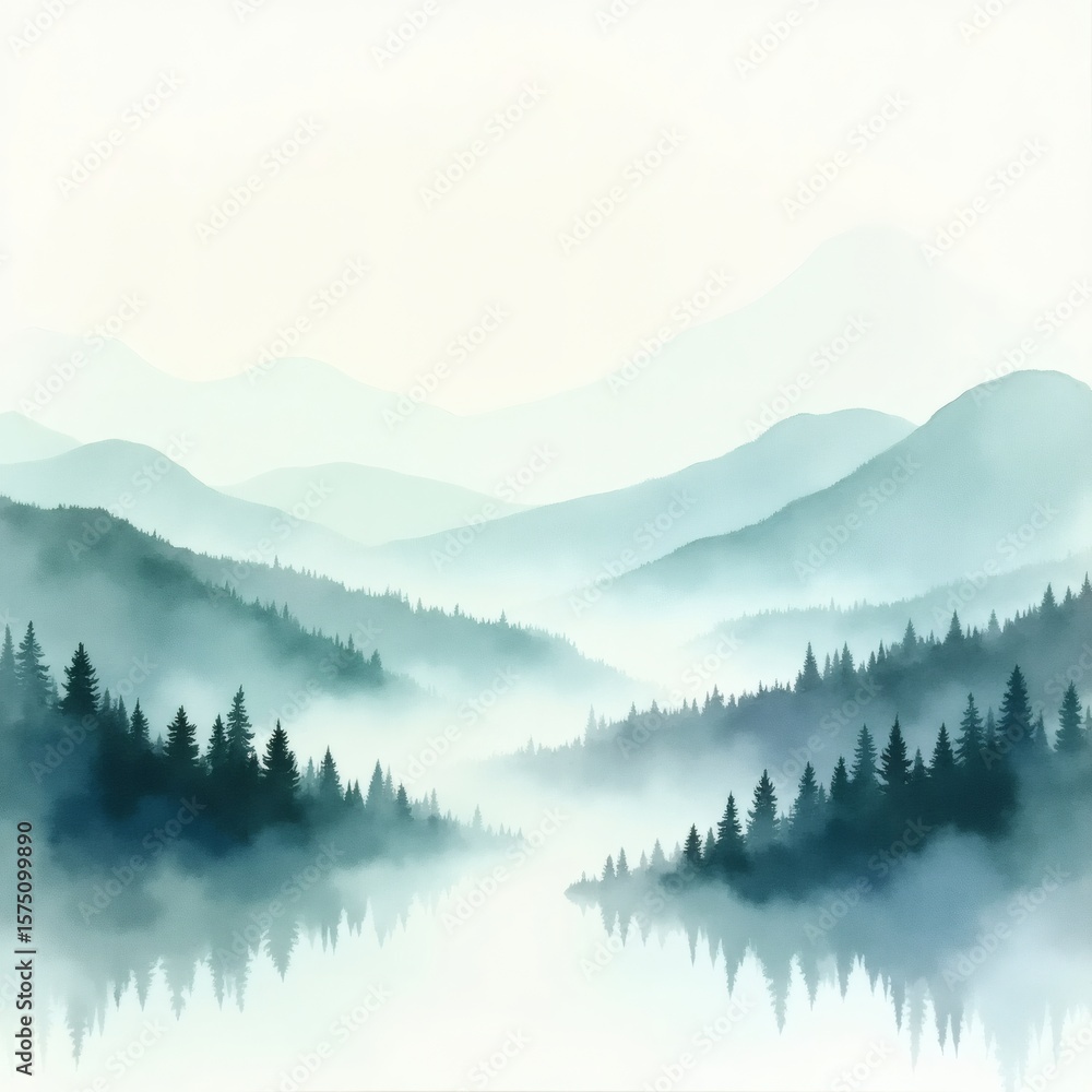 Fototapeta premium a serene landscape of misty mountains and trees, reflecting on the water's surface. The scene evokes a sense of peace and tranquility