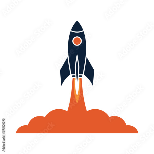 Flat vector rocket launching with fire and smoke
