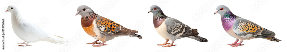 Four pigeons of varying colors and patterns are displayed against a transparent background Four pigeons of varying colors and patterns are displayed against a transparent background