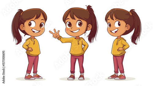 Happy girl character posing with hand gesture in isolated setting
