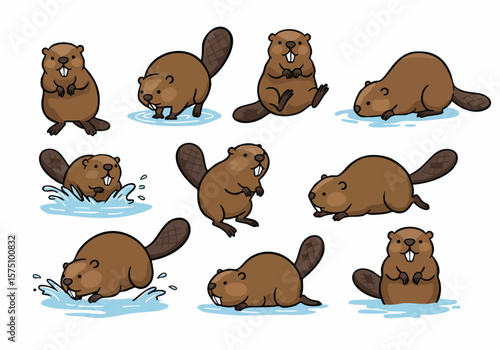 Cute cartoon beaver illustrations in various poses, standing, sitting, and playing in the water, isolated on white.