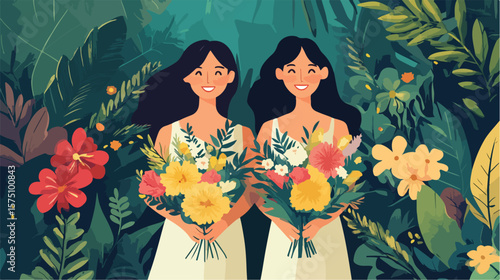 Joyful Women Holding Bouquet in Natural Beauty