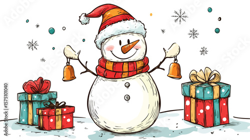 Festive Snowman Holding Jingle Bells and Gifts Vector Illustration