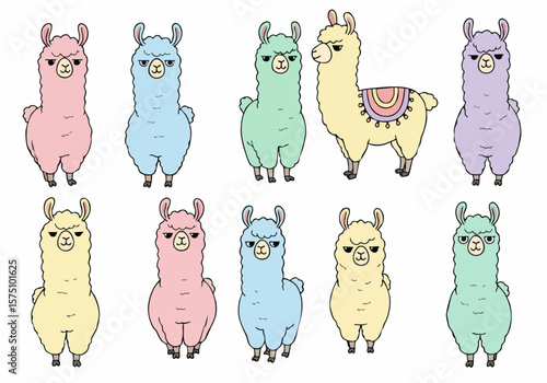 Set of 10 cute cartoon llamas in pastel colors with various expressions, including one with a colorful saddle, isolated on a white background.