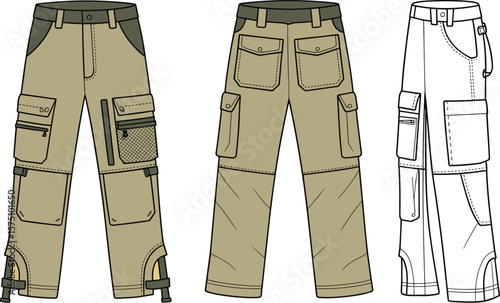 CAD drawing flat vector illustration of technical cargo pants, front and back view, detailed pocket design, utility wear, workwear fashion, garment construction layout