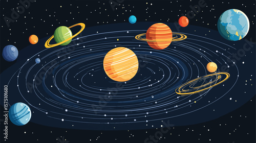 Solar System Diagram with Orbits and Labeled Planets