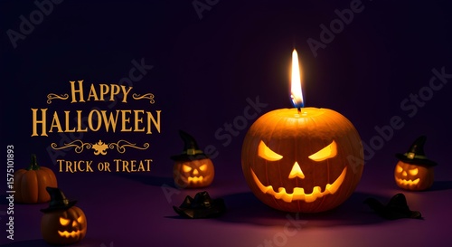Halloween pumpkins with lit candles, festive greeting, and trick-or-treat message on a dark purple background.