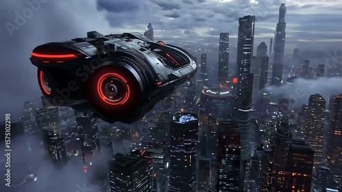 Futuristic vehicle soaring above a modern cityscape shrouded in mist neon details and tall skyscrapers creating a dynamic perspective