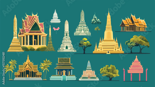 Colorful Thailand Travel Set Flat Vector Illustration