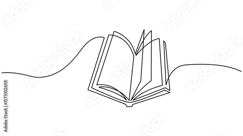 Animated continuous one line drawing of an open book creating itself in real time. Minimalist vector animation perfect for education, school supplies, learning
