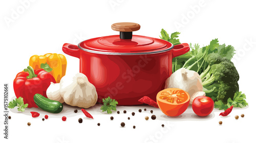 Realistic Vegetables and Pot Cooking Concept with Ingredients
